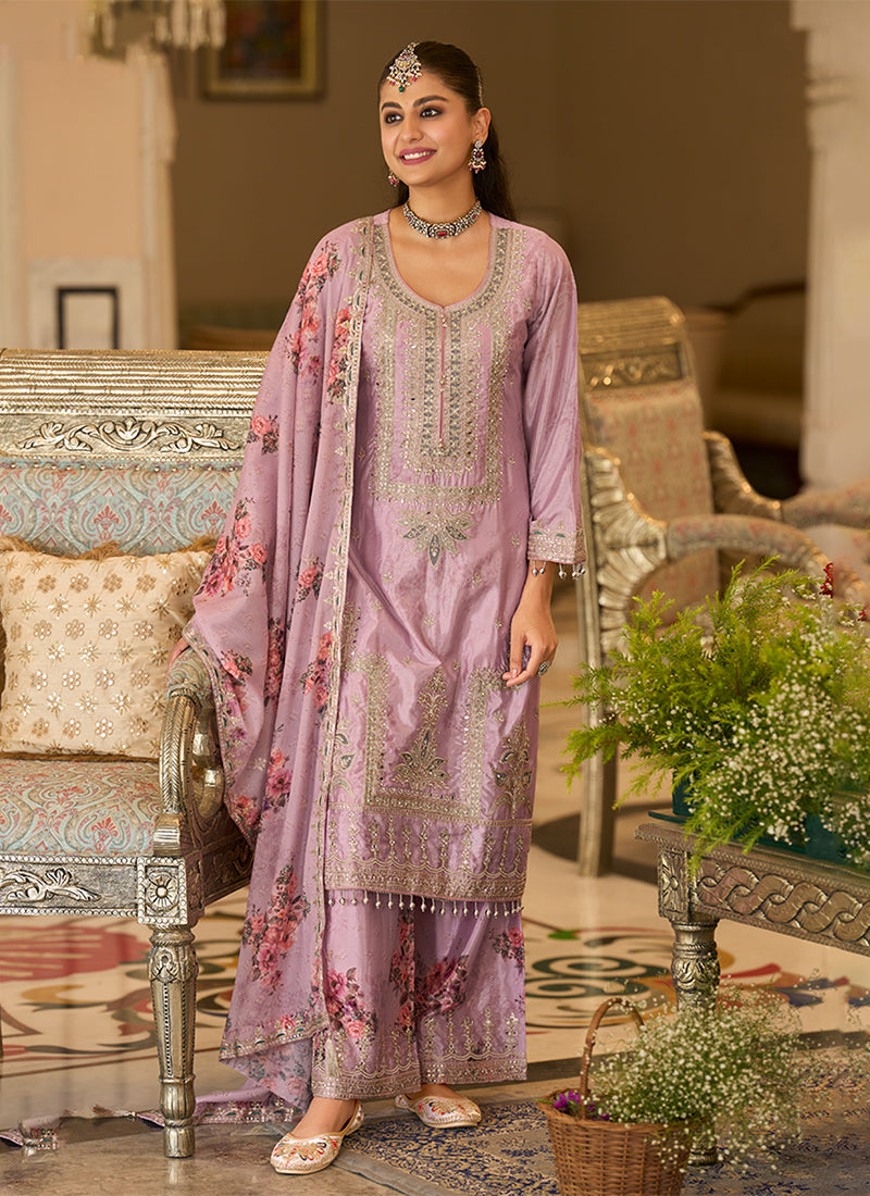 Lavender Embroidered Chinnon Silk Palazzo Suit
