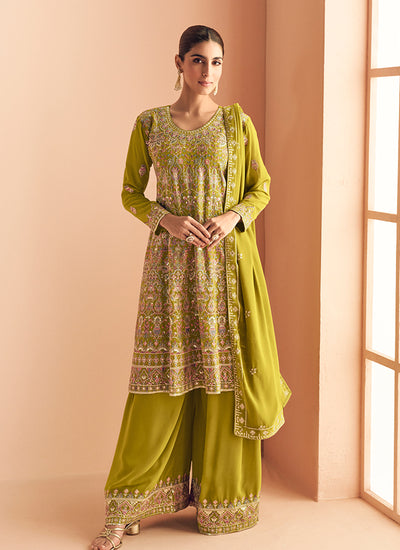 Shop Lime Green Anarkali Style Palazzo Suit