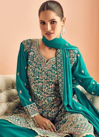 Turquoise Embroidered Anarkali Style Palazzo Suit