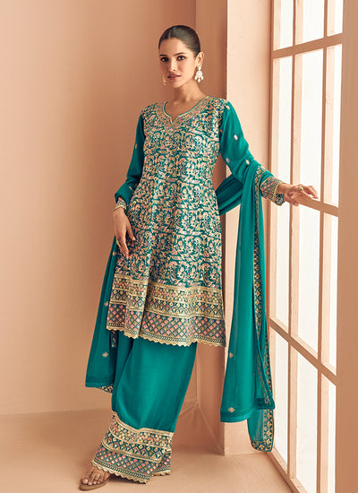 Shop Turquoise Anarkali Style Palazzo Suit