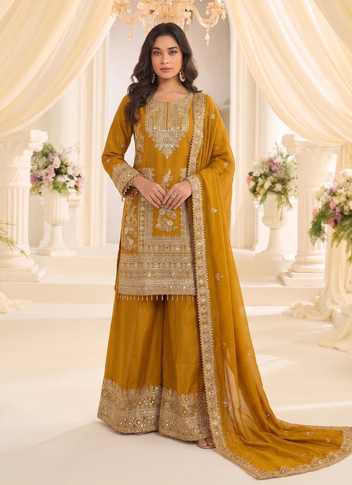 Mustard Yellow Embroidered Silk Palazzo Suit

