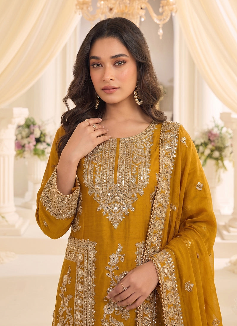 Premium Mustard Yellow Silk Palazzo Suit with Elegant Embroidery for Weddings