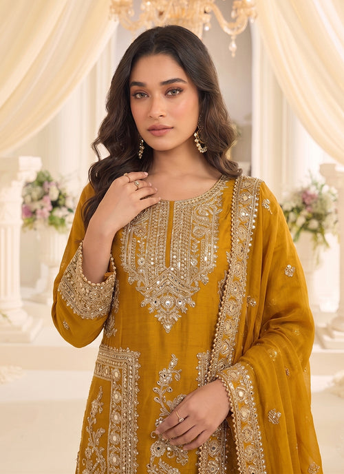 Premium Mustard Yellow Silk Palazzo Suit with Elegant Embroidery for Weddings