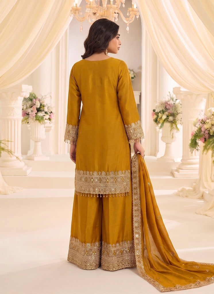 Mustard Yellow Embroidered Silk Palazzo Suit for Women with Matching Dupatta