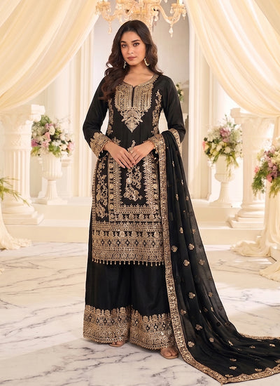 Black Embroidered Silk Palazzo Suit