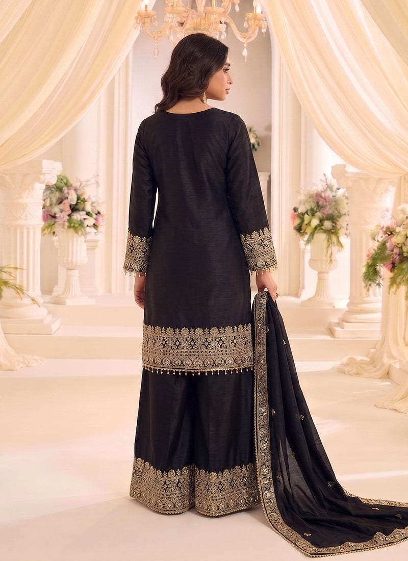Designer Black Embroidered Silk Palazzo Suit for Women