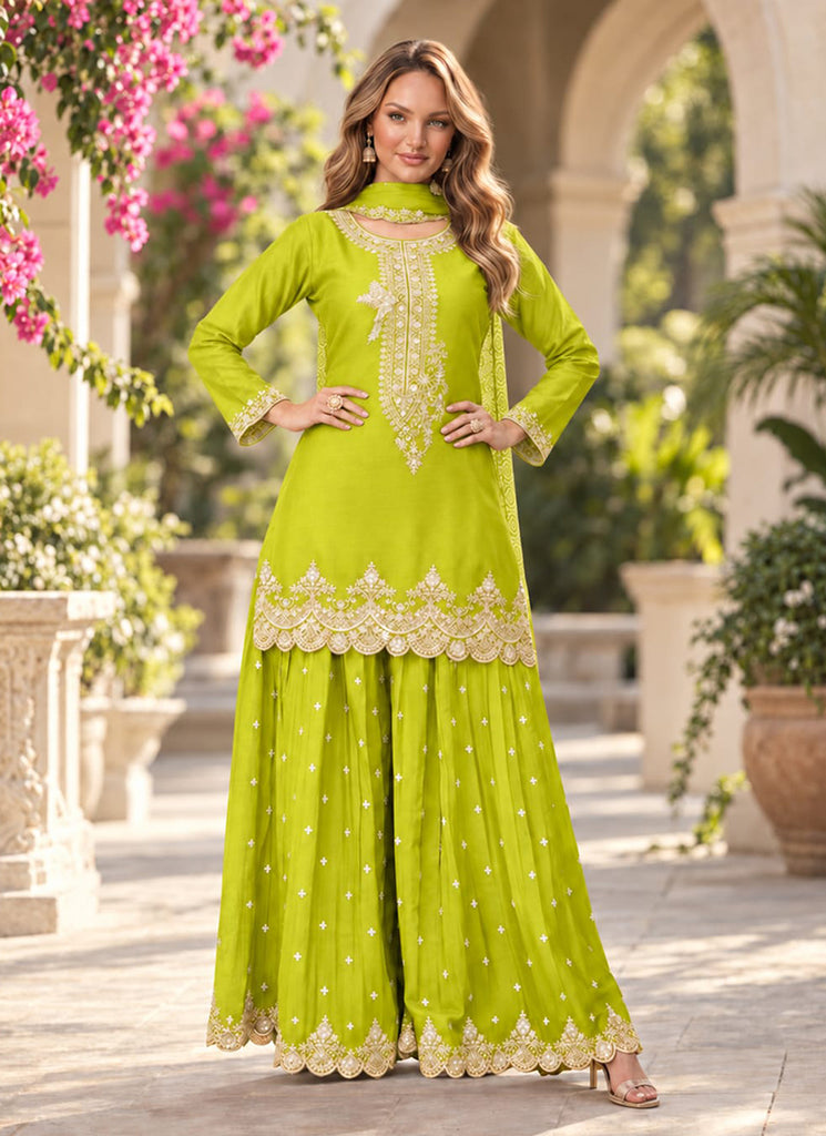 Lime Green Embroidered Festive Palazzo Suit