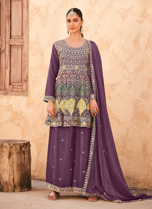 Purple Multi Embroidery Peplum Palazzo Suit