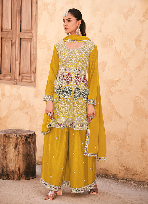 Yellow Multi Embroidery Peplum Palazzo Suit