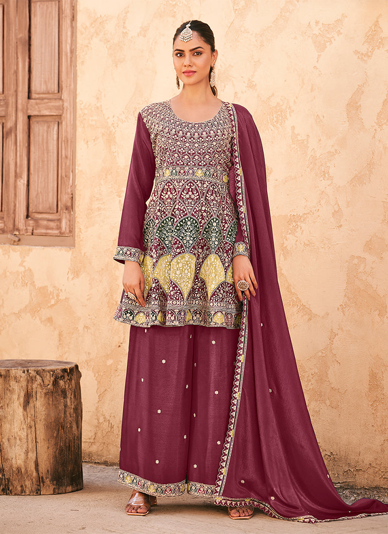 Maroon Multi Embroidery Peplum Palazzo Suit