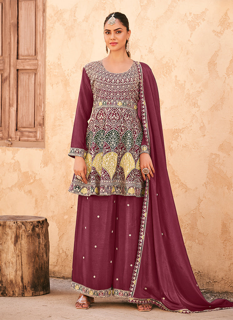 Maroon Multi Embroidery Peplum Palazzo Suit