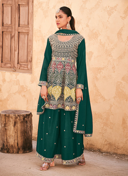 Green Multi Embroidery Peplum Palazzo Suit