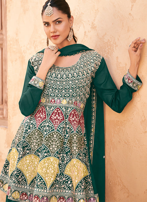 Green Multi Embroidery Peplum Palazzo Suit