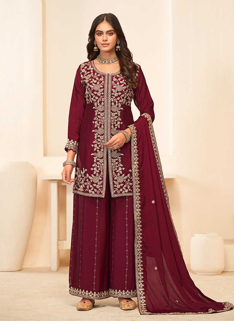 Cherry Red Embroidered Palazzo Suit