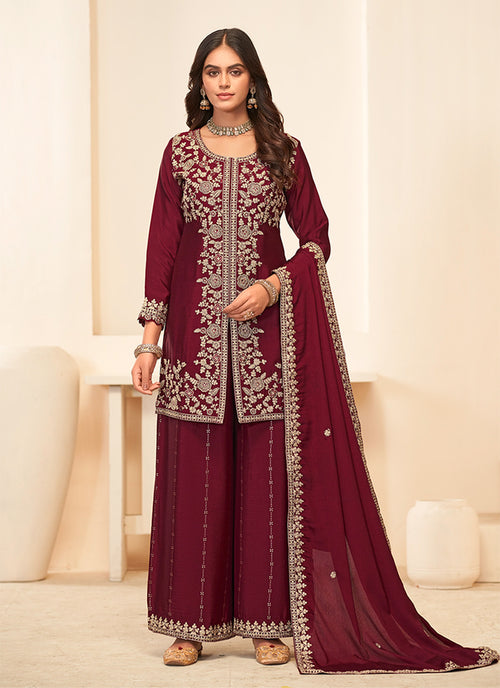 Cherry Red Embroidered Palazzo Suit