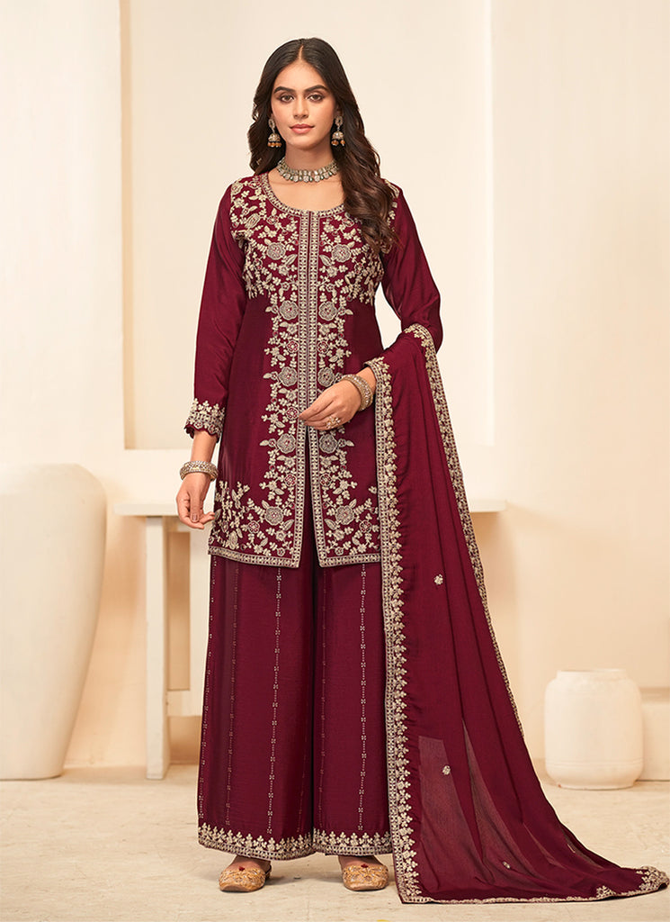 Cherry Red Embroidered Palazzo Suit