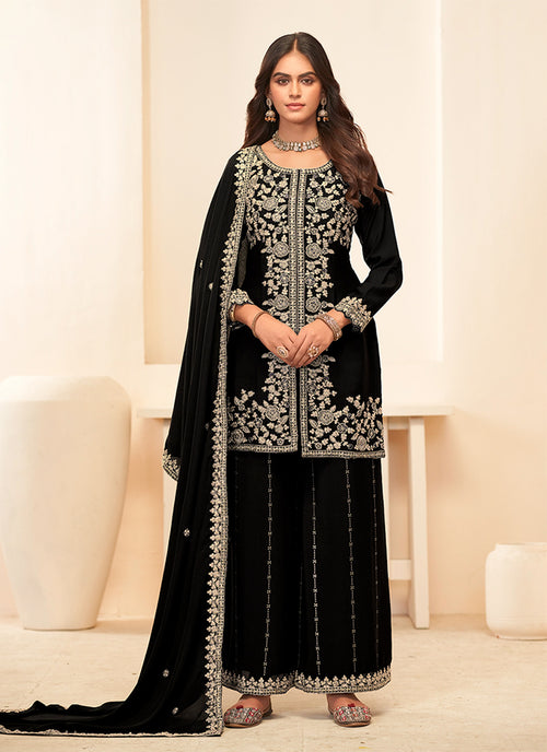 Black Embroidered Palazzo Suit