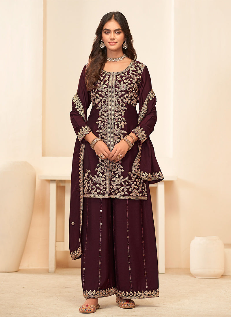 Maroon Embroidered Palazzo Suit