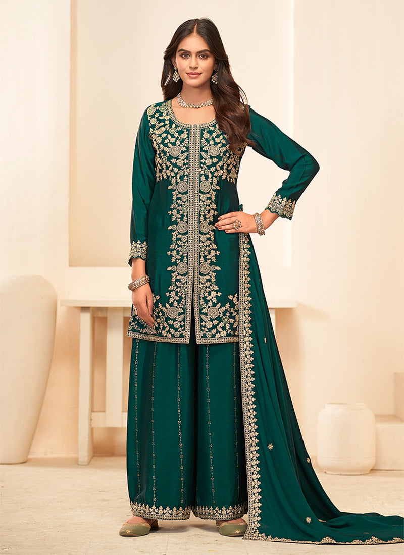 Teal Green Embroidered Palazzo Suit