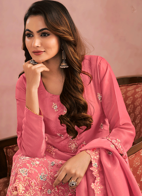 Pink Multi Embroidery Festive Palazzo Suit