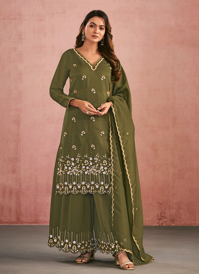 Olive Green Multi Embroidery Festive Palazzo Suit