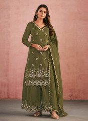 Olive Green Multi Embroidery Festive Palazzo Suit