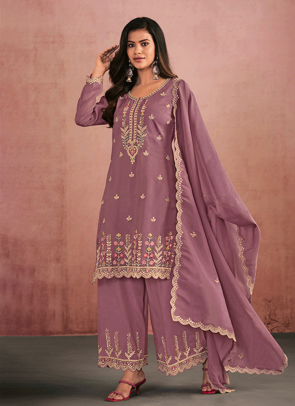 Mauve Multi Embroidery Festive Palazzo Suit