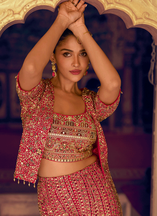 Magenta Embroidery Jacket Style Palazzo Set