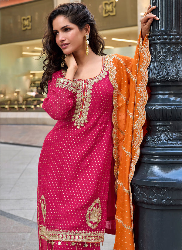 Pink Embroidery Party Wear Gharara Suit With Orange Dupatta