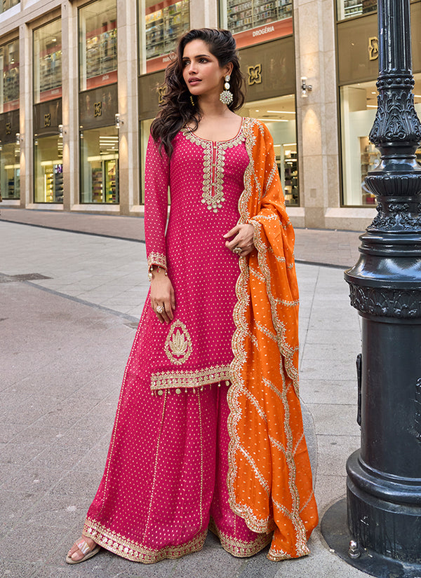 Pink Embroidery Party Wear Gharara Suit With Orange Dupatta