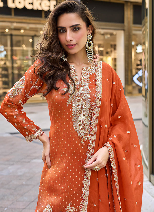 Orange Embroidery Party Wear Palazzo Suit