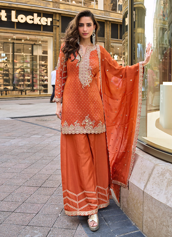 Orange Embroidery Party Wear Palazzo Suit