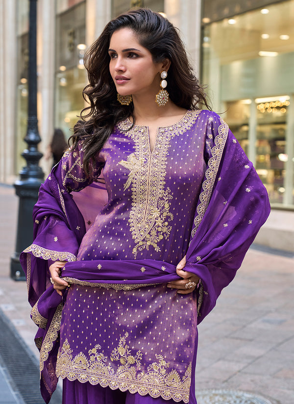 Purple Embroidery Party Wear Palazzo Suit