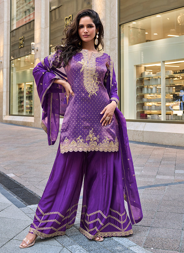 Purple Embroidery Party Wear Palazzo Suit