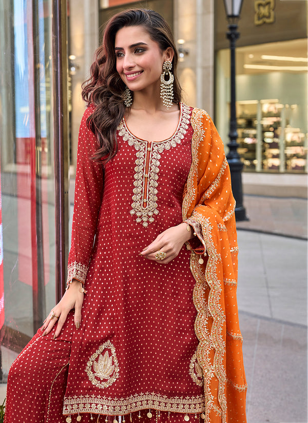 Red Embroidery Party Wear Gharara Suit With Orange Dupatta