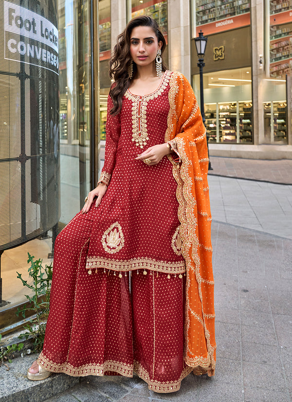 Red Embroidery Party Wear Gharara Suit With Orange Dupatta