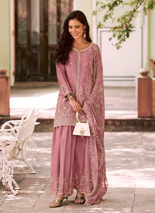 Rose Pink Embroidered Moss Silk Palazzo Suit