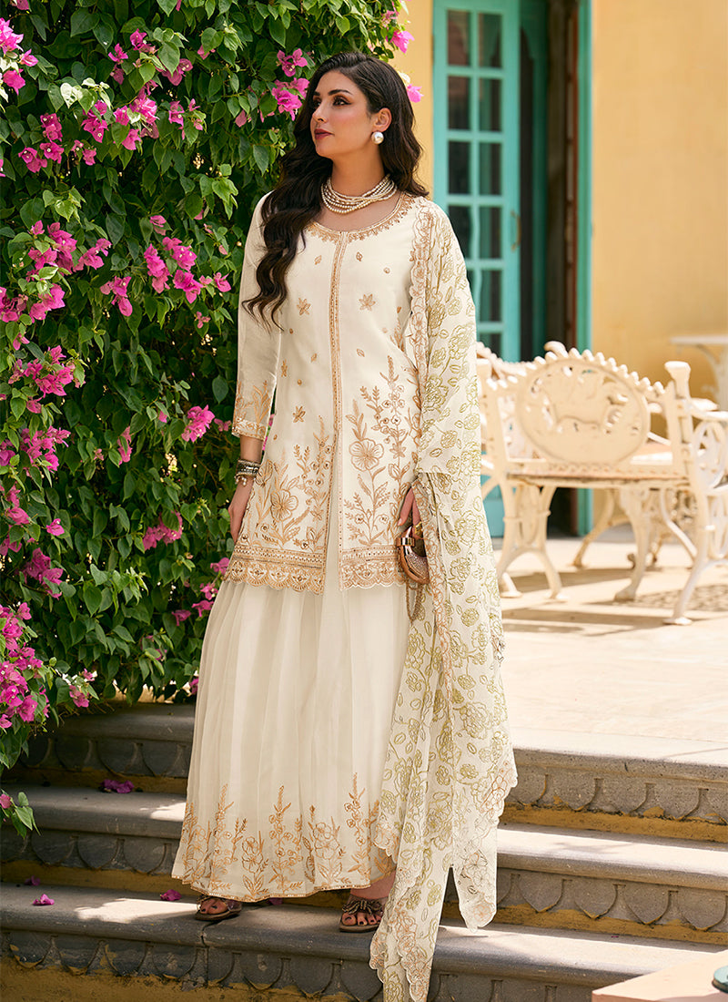 Cream White Embroidered Moss Silk Palazzo Suit