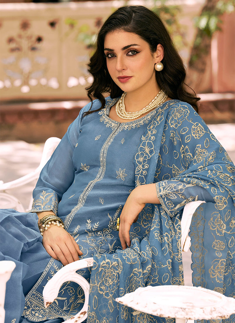 Buy Dusty Blue Embroidered Palazzo Suit In Canada
