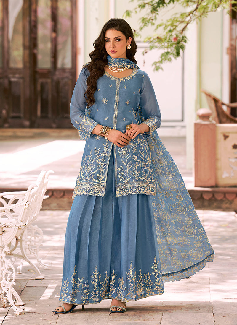 Dusty Blue Embroidered Moss Silk Palazzo Suit