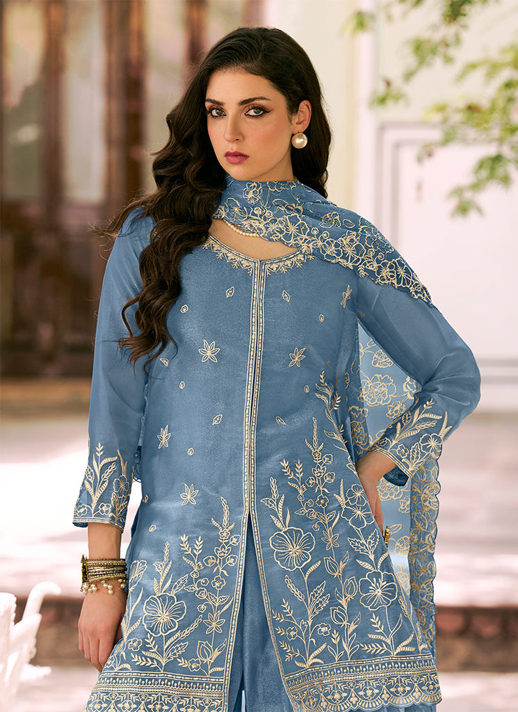 Shop Dusty Blue Silk Palazzo Suit Online

