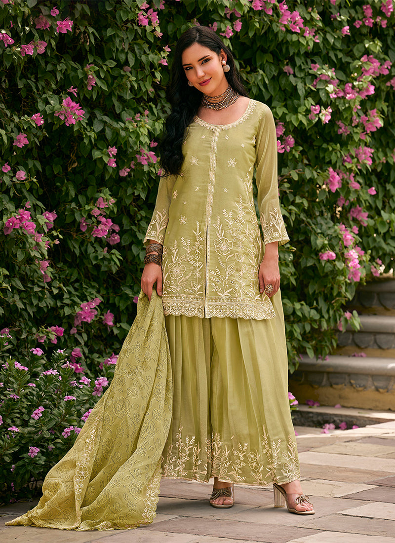 Light Green Embroidered Moss Silk Palazzo Suit