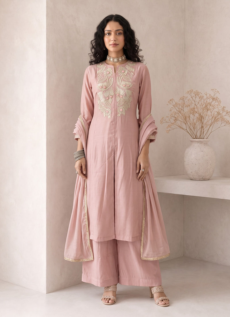 Blush Pink Embroidered Roman Silk Palazzo Suit