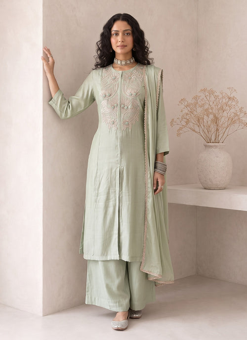 Sage Green Embroidered Roman Silk Palazzo Suit