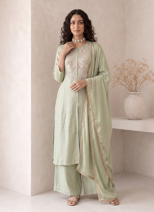 Sage Green Embroidered Roman Silk Palazzo Suit