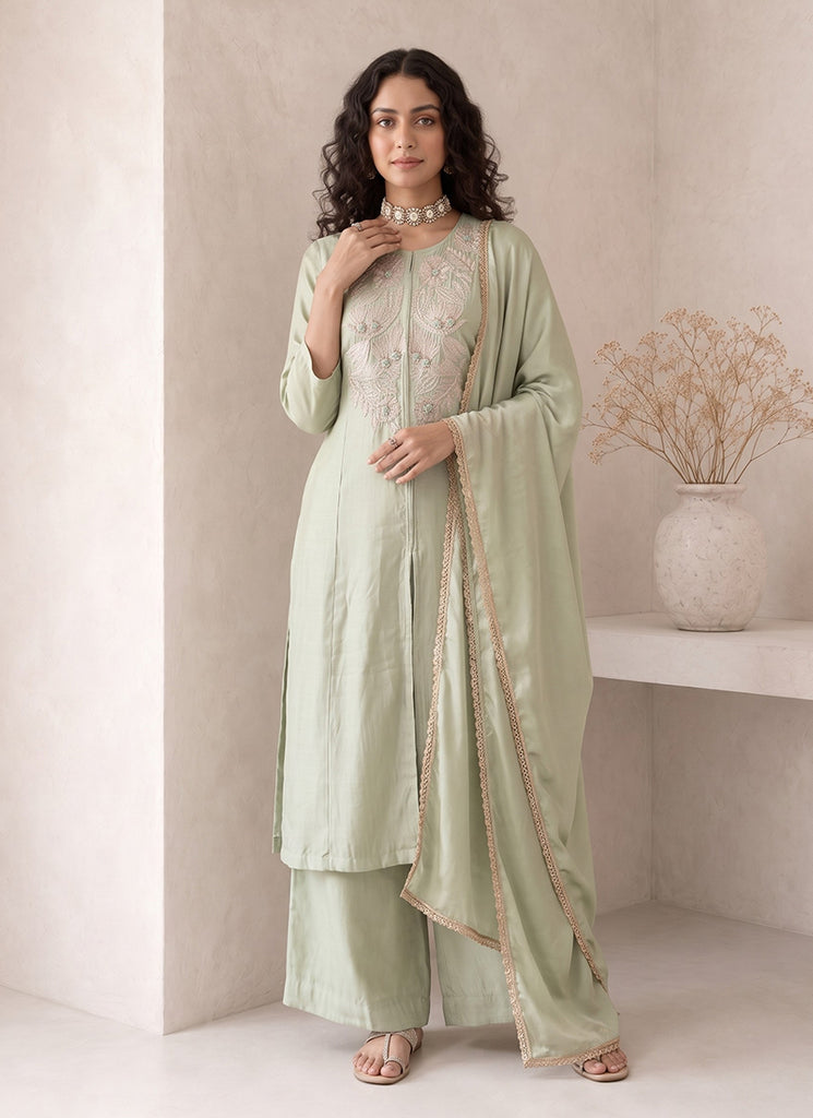 Sage Green Embroidered Roman Silk Palazzo Suit