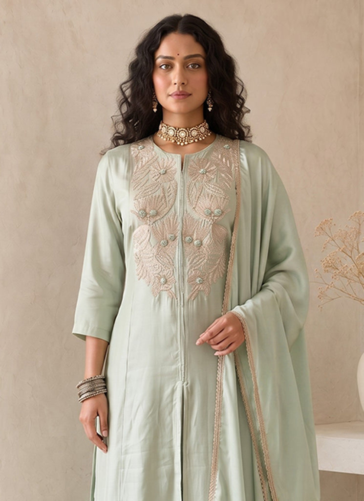 Sage Green Embroidered Roman Silk Palazzo Suit