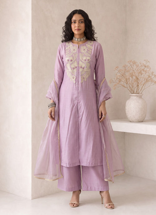 Lavender Embroidered Roman Silk Palazzo Suit