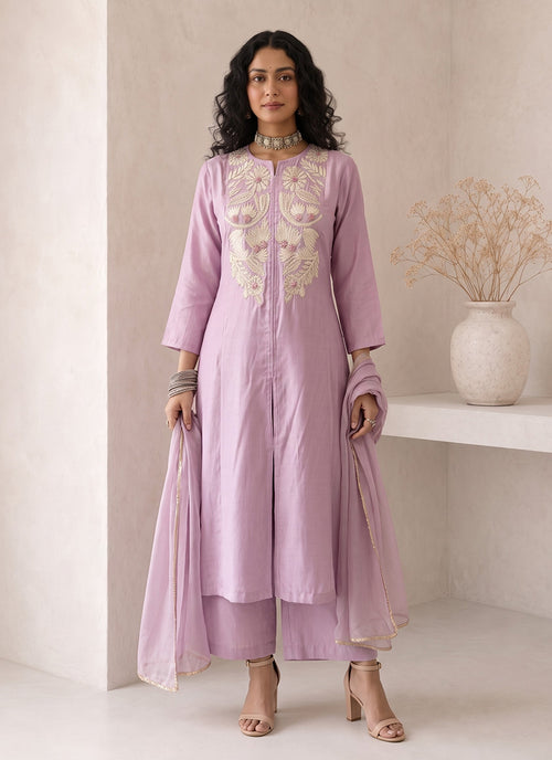 Lavender Embroidered Roman Silk Palazzo Suit