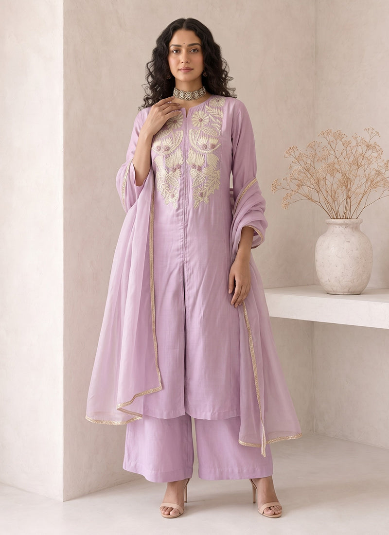 Lavender Embroidered Roman Silk Palazzo Suit